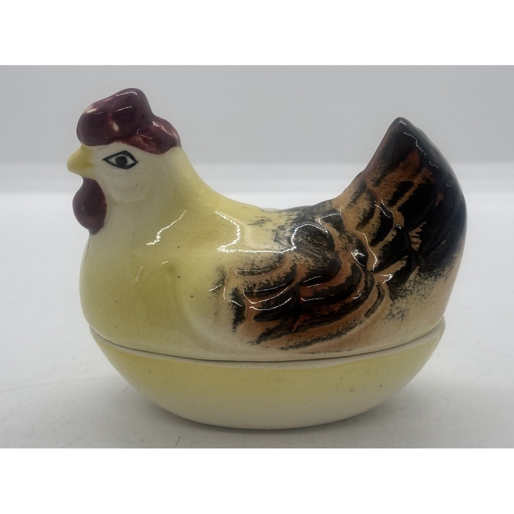 Vtg Hen Chicken on Nest Small Mini Trinket Dish 4" Long Japan Woolworth Ceramic